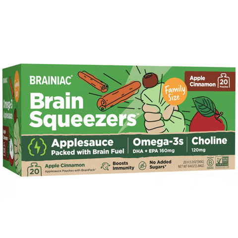 Brainiac Omega-3 Applesauce, Apple Cinnamon No Sugar Added, 3.2oz, 20 Ct