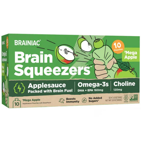 Brainiac Omega-3 Applesauce, Apple, No Sugar Added, 3.2 oz, 10 Ct