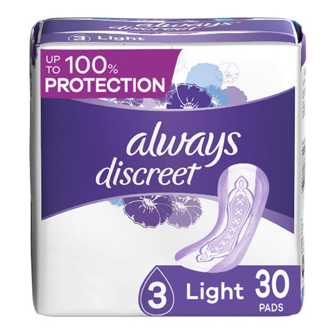 Always Discreet Incontinence Pads for Women, Light, 30 Count