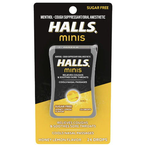 HALLS Minis Honey Lemon Flavor Sugar Free Cough Drops, 24 Count