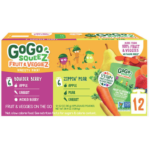 GoGo Squeez Fruit & Veggiez Apple Pear and Berry Pouch, 3.2 oz, 12 Count