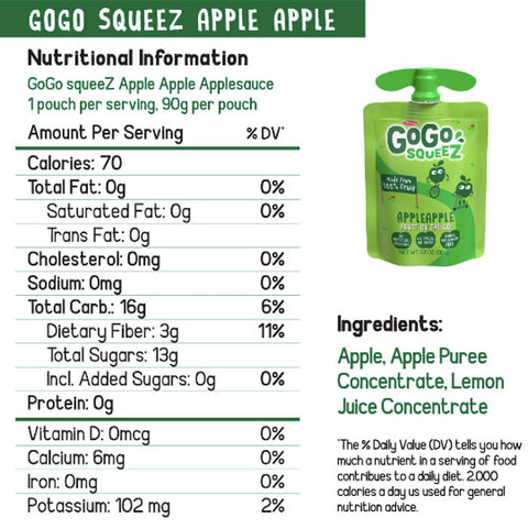 GoGo SqueeZ Apple Apple Applesauce Snack Pouch, 3.2 oz, 20 Count