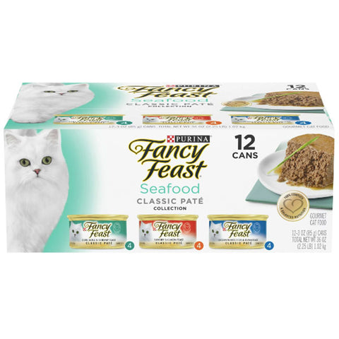 Fancy Feast Grain Free Pate Wet Cat Food Variety Pack, Seafood Classic Pate Collection, 12 Count