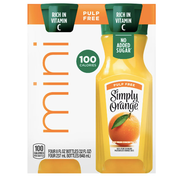 Simply Orange Pulp Free Juice Bottles, 8 fl oz, 4 Count