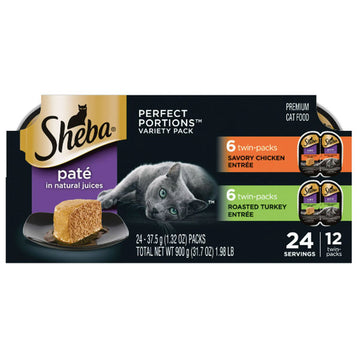 Sheba Wet Cat Food Pate Variety Pack, Savory Chicken and Roasted Turkey Entrees, 24 Count