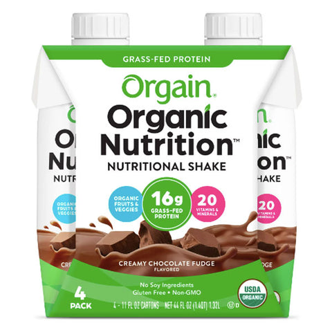 Orgain Organic Grass-Fed Protein Shake, Creamy Chocolate Fudge, 11 oz, 4 Ct