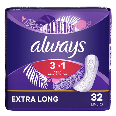 Always Xtra Protection 3-in-1 Daily Liners for Women, Extra Long with Leakguard, 32 Ct