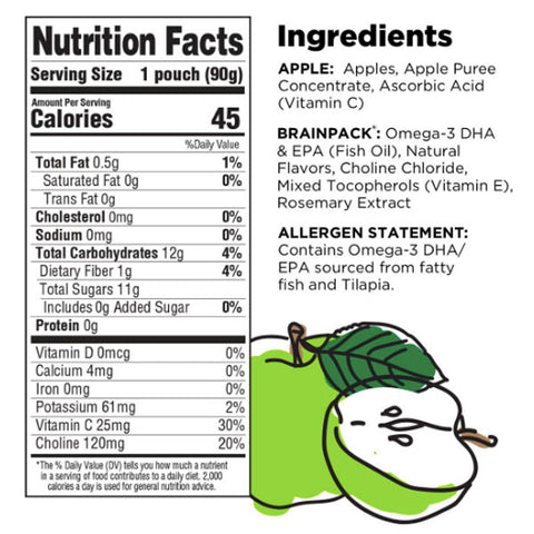 Brainiac Omega-3 Applesauce, Apple, No Sugar Added, 3.2 oz, 20 Ct