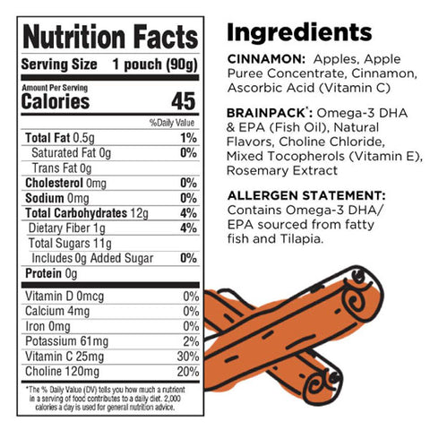 Brainiac Omega-3 Applesauce, Apple Cinnamon No Sugar Added, 3.2oz, 20 Ct