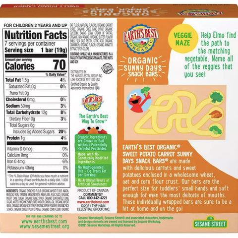 Earth's Best Organic Snack Bars, Sweet Potato Carrot, 7 Ct