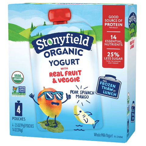 Stonyfield Organic Kids Pear Spinach Mango Whole Milk Yogurt Pouches, 3.5oz, 4 Ct