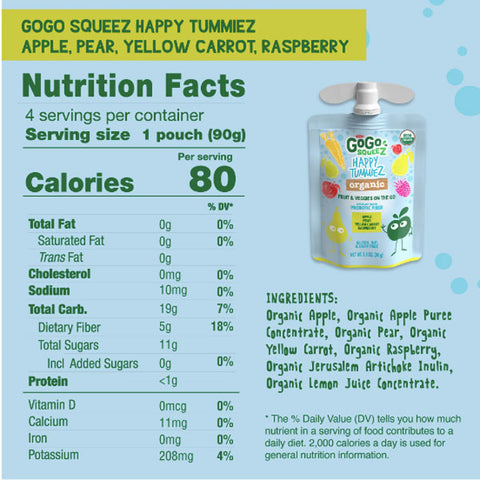 GoGo Squeez Organic Happy Tummiez Pear Carrot Raspberry Pouch, 3.2 oz, 10 Ct