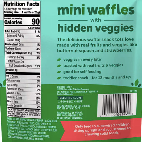 Beech-Nut Mini Waffles Butternut Berry Hidden Veggies Toddler Snack, 3.2 oz