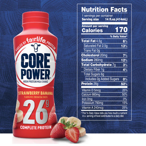 Core Power Protein Shake with 26g Protein by fairlife Milk, Strawberry Banana, 14 fl oz