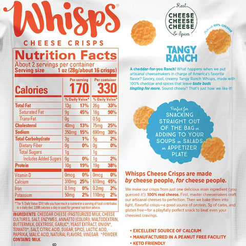 Whisps Tangy Ranch Cheese Crisps, Keto Friendly Snacks, 1.95 oz