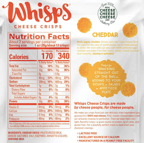 Whisps Cheddar Cheese Crisps, Keto Friendly Snacks, 1.95 oz