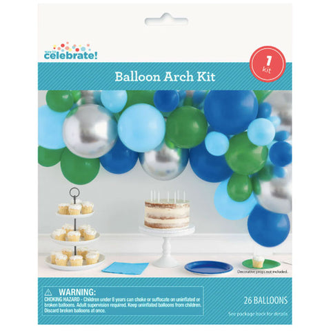 Way to Celebrate! Latex Balloon Arch Kit, Blue, Green, & Silver, 26 Count