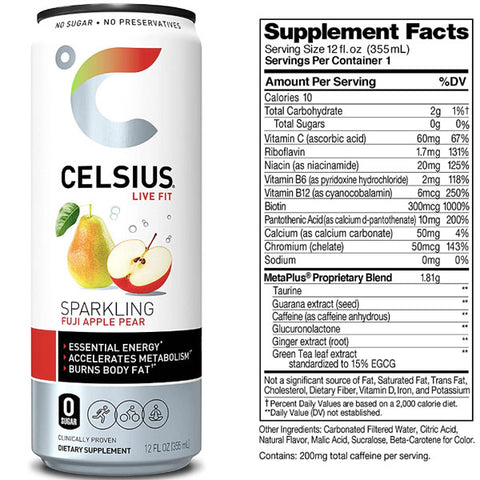 Celsius Live Fit Sparkling Fuji Apple Pear Energy Drink, 12oz, 4 Count