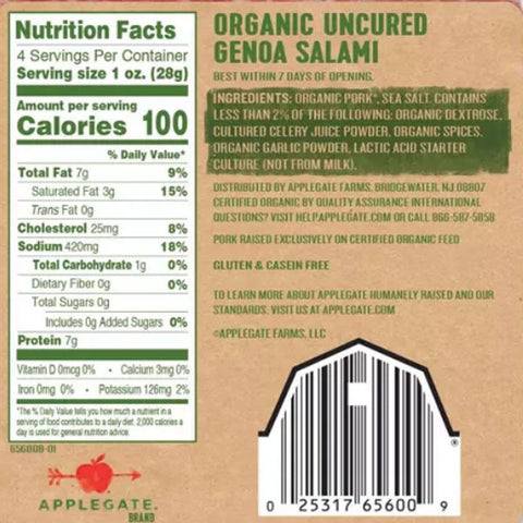 Applegate Organics Uncured Genoa Salami, 4oz