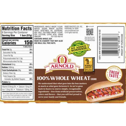 Arnold Whole Grain 100% Whole Wheat Hot Dog Buns, 8 Count