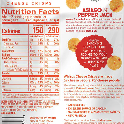 Whisps Asiago Pepper Jack Cheese Crisps, Keto Friendly Snacks, 1.95 oz