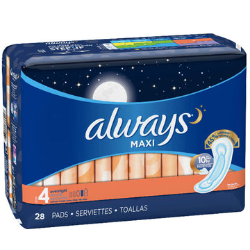Always Maxi, Size 4, Overnight Pads Wingless, 28 Ct