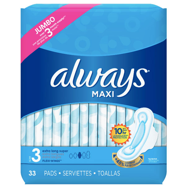 Always Maxi, Size 3, Extra Long Super Pads with Wings, 33 Ct