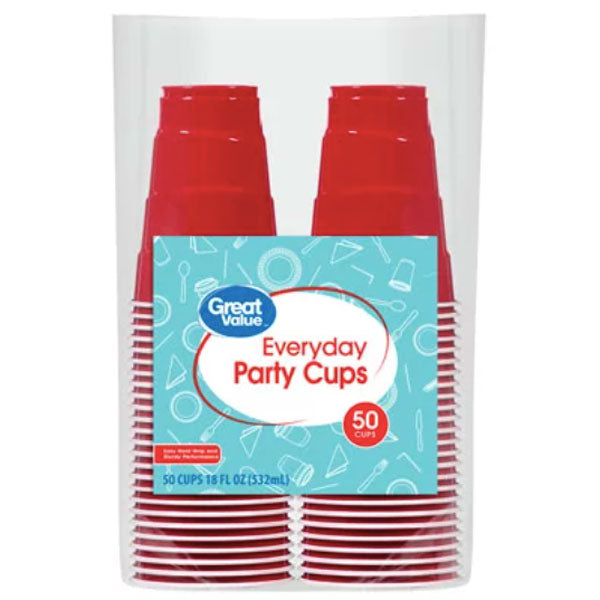 Great Value Everyday Disposable Plastic Cups, Red, 18 oz, 50 count