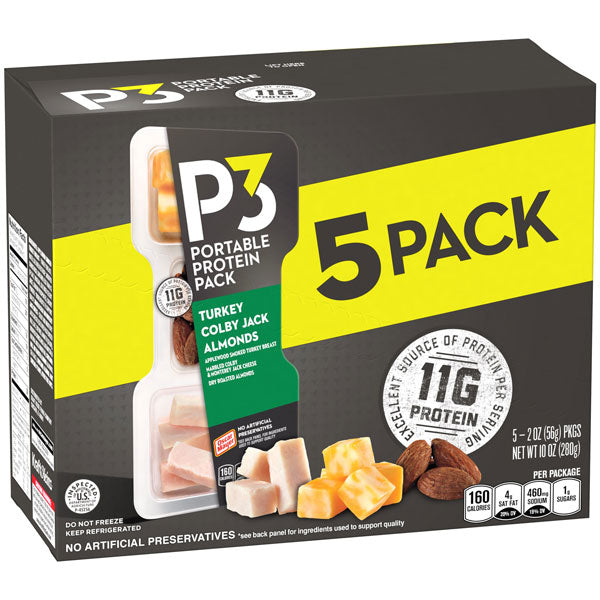 Oscar Mayer P3 Portable Protein Snack Pack with Turkey, Almonds & Colby Jack Cheese, 5 Count