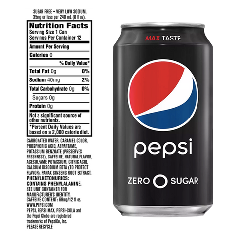 Pepsi 0 Zero 12 fl oz, 24 Pack - Water Butlers