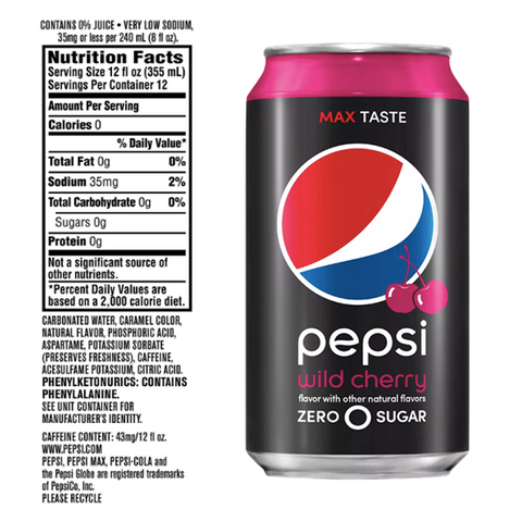 Pepsi 0 Wild Cherry 12 fl oz, 12 Pack - Water Butlers