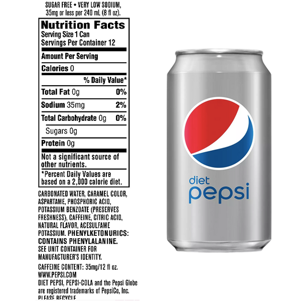 Diet Pepsi 12 fl oz, 24 Pack - Water Butlers