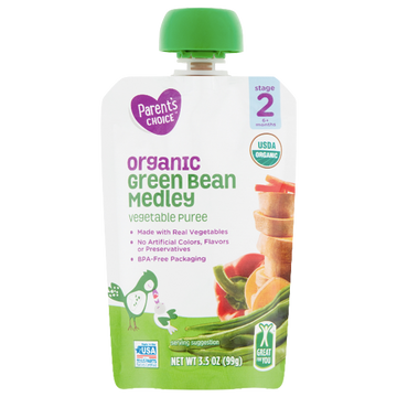 Parent's Choice Organic Puree, Green Bean Medley, 3.5 oz