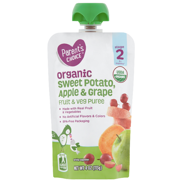Parent's Choice Organic Puree, Sweet Potato Apple & Grape, 4 oz - Water Butlers