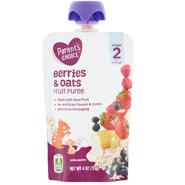 Parent's Choice Puree, Berries & Oats, 4 oz - Water Butlers