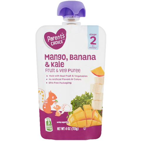 Parent's Choice Puree, Mango Banana & Kale, 4 oz - Water Butlers