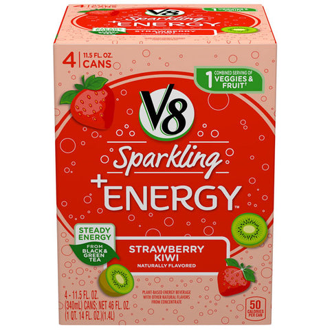 V8 Sparkling + Energy, Strawberry Kiwi Juice Drink, 11.5 oz, 4 Count