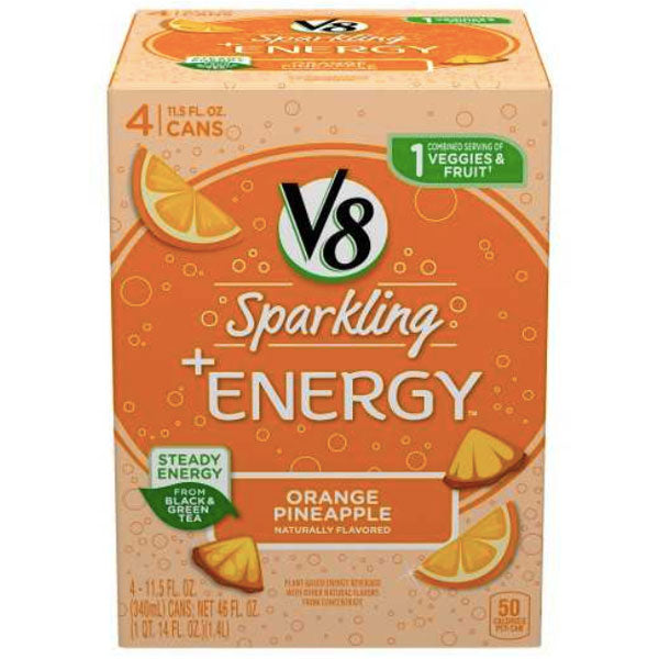 V8 Sparkling + Energy, Orange Pineapple Juice Drink, 11.5 oz, 4 Count