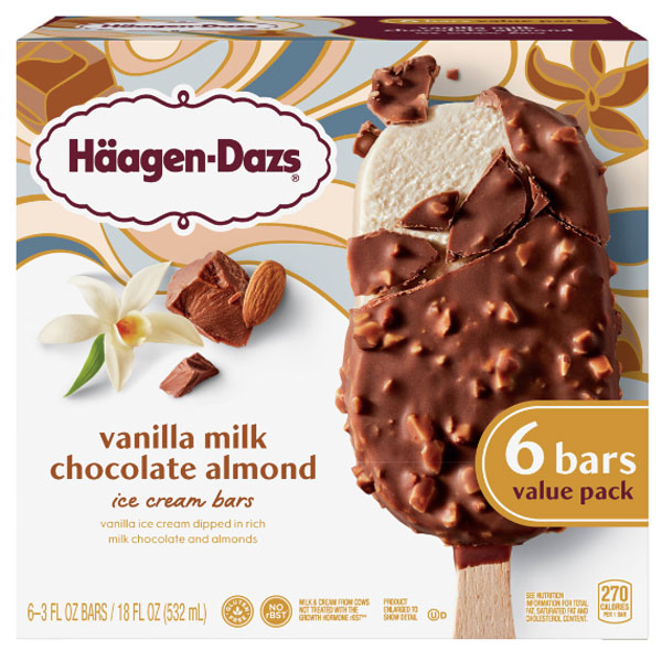 Haagen Dazs Vanilla Milk Chocolate Almond Ice Cream Bars, Value Pack, 6 Ct