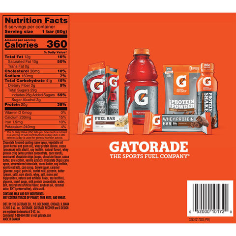 Gatorade Whey Protein Bars, Chocolate Chip, 20g Protein, 6 Count