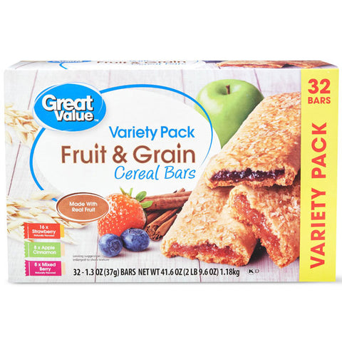 Great Value Fruit & Grain Bars, Variety Pack, 32 Count