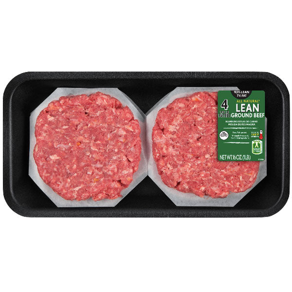 All Natural 93% Lean/7% Fat Ground Beef Patties, 1 lb, 4 Count - Water Butlers