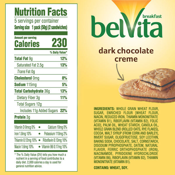 BelVita Breakfast Biscuits, Dark Chocolate Creme Sandwich, 5 Ct