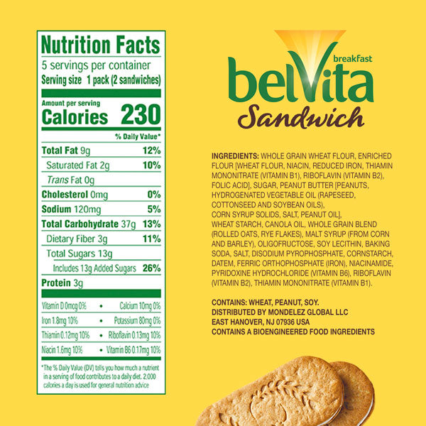 BelVita Breakfast Biscuits, Cinnamon Brown Sugar & Vanilla Creme Sandwich, 5 Ct