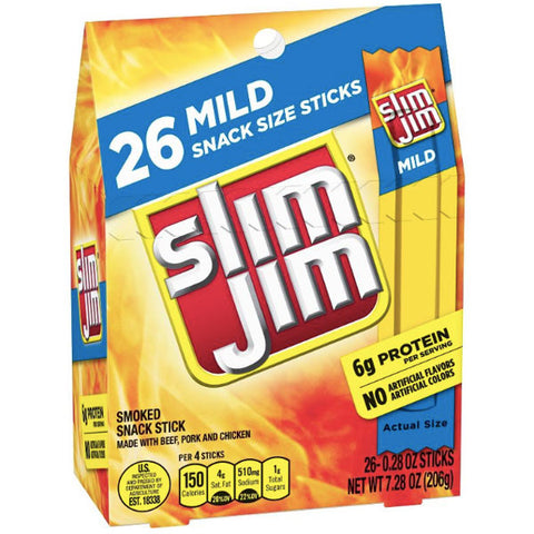 Slim Jim 26 ct, Mild Smoked Snack Size Sticks, .28 oz