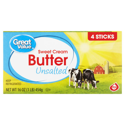 Great Value Sweet Cream Unsalted Butter, 16 oz, 4 Count