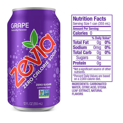 Zevia Grape Zero Calorie Soda, 12 fl oz, 8 Count