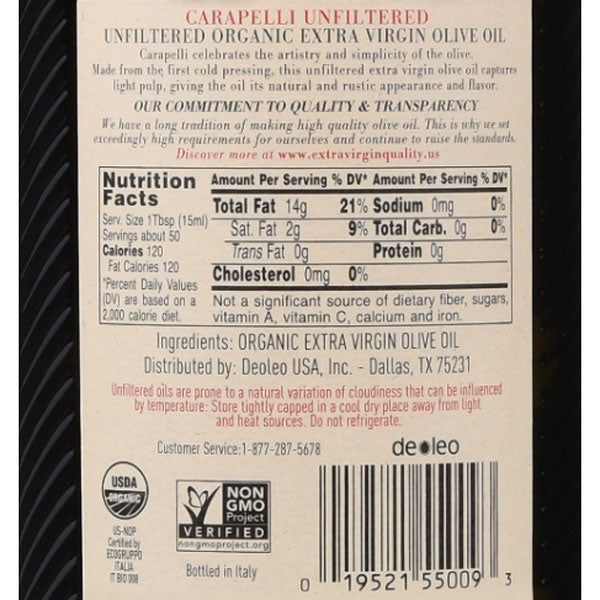 Carapelli Unfiltered Organic Extra Virgin Olive Oil, 25.5 fl oz - Water Butlers