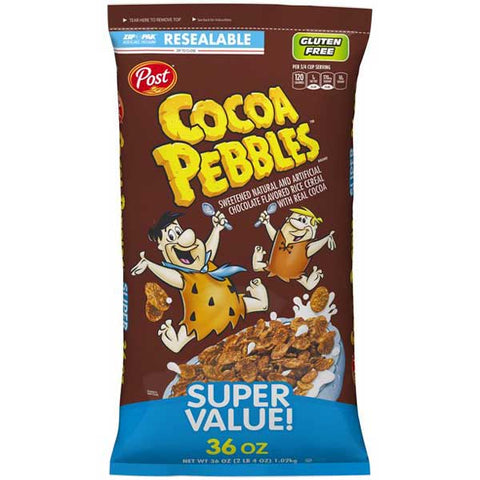 Post Cocoa Pebbles Cereal, Gluten Free, Cocoa Flavored Crispy Rice Cereal, Bulk Bag, 36 Oz