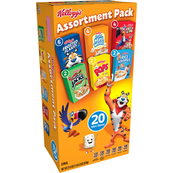 Kellogg's Assortment Pack, Breakfast Cereal, Variety Pack, 20 Ct